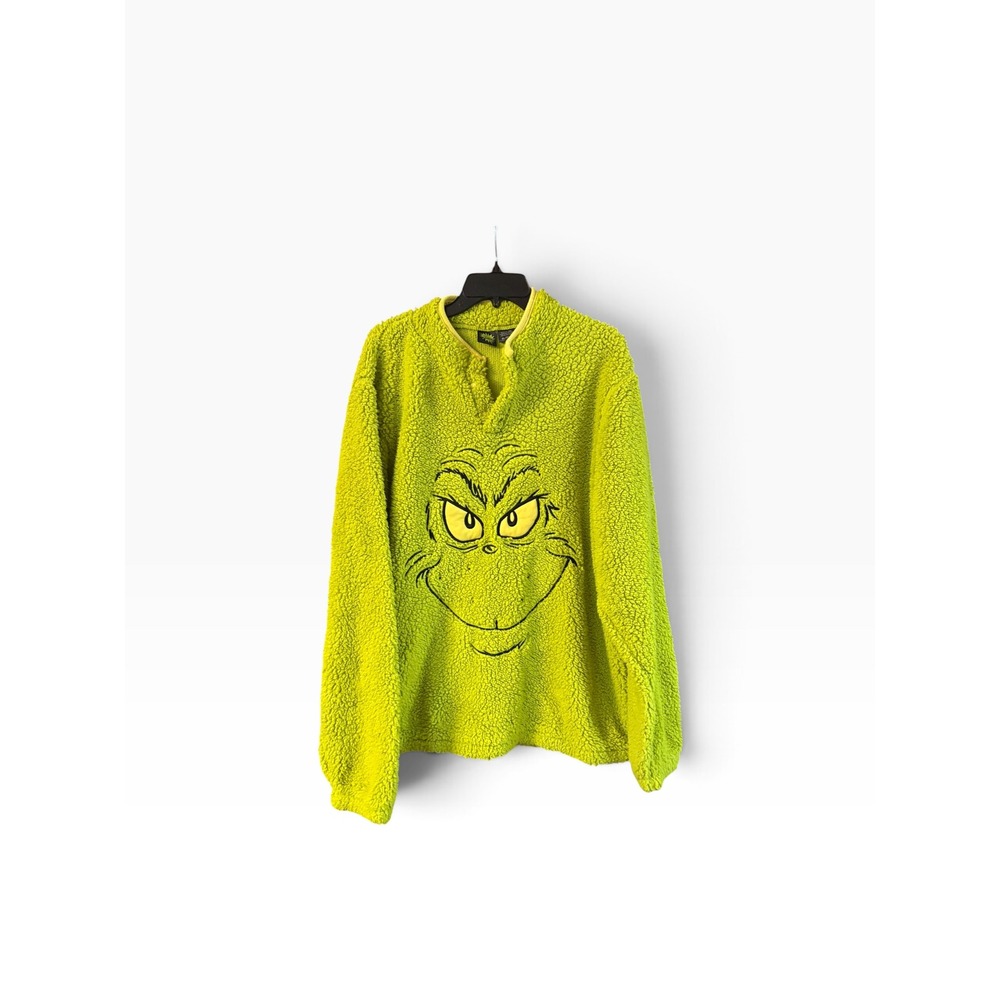 Dr Seuss The Grinch Sherpa Fleece Pullover Lime Green Mens XL Holiday Sweater